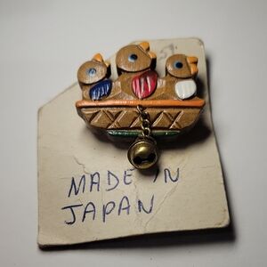 Antique  Wooden Birds in a Nest Brooch with Bell